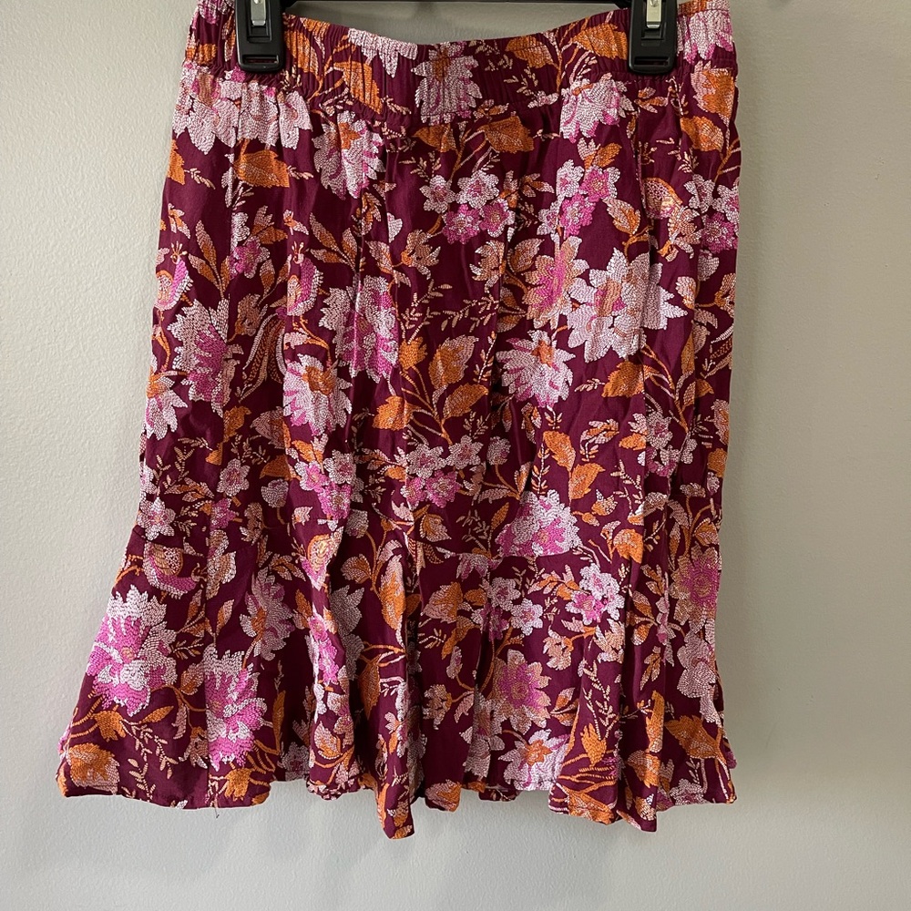 LOFT Floral burgundy Pink Orange tiered flippy flouncy Skirt size XS - Picture 4 of 7
